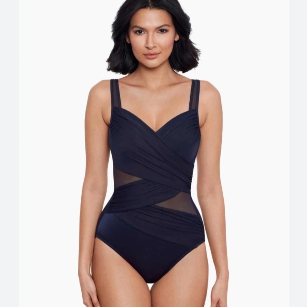 Miraclesuit One Piece Swimsuit 10 Navy Madero Sweetheart Sheer Wide Strap Resort